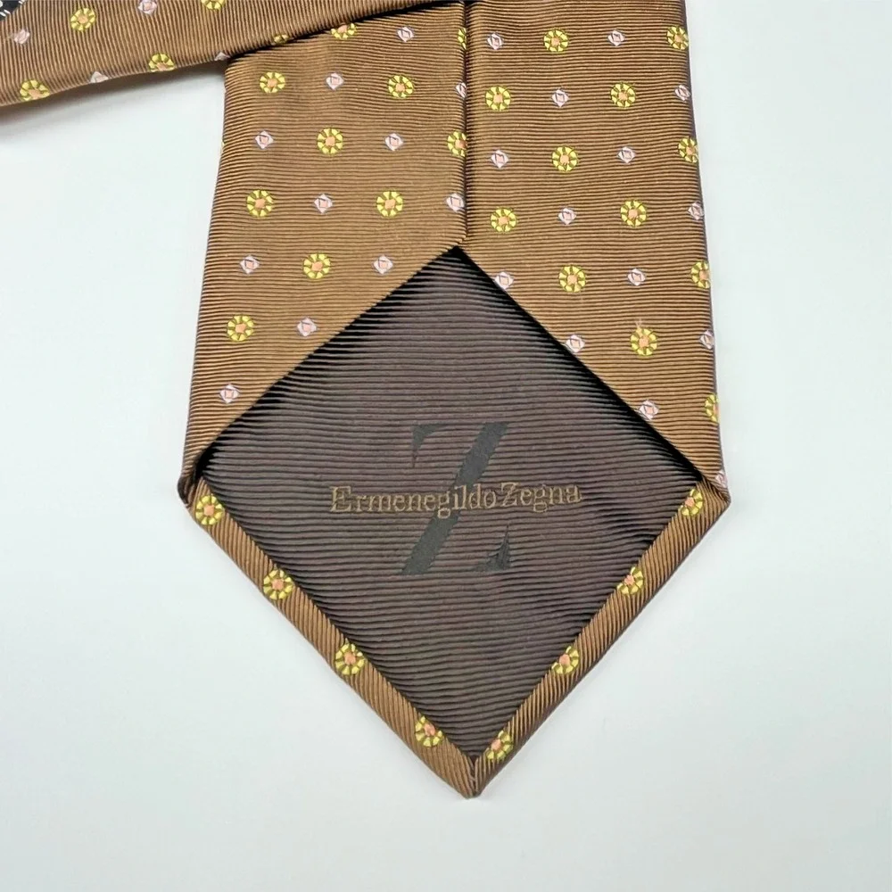 Ermenegildo Zegna Repp Silk Men's Necktie Brown Geometric Circles Diamonds Italy